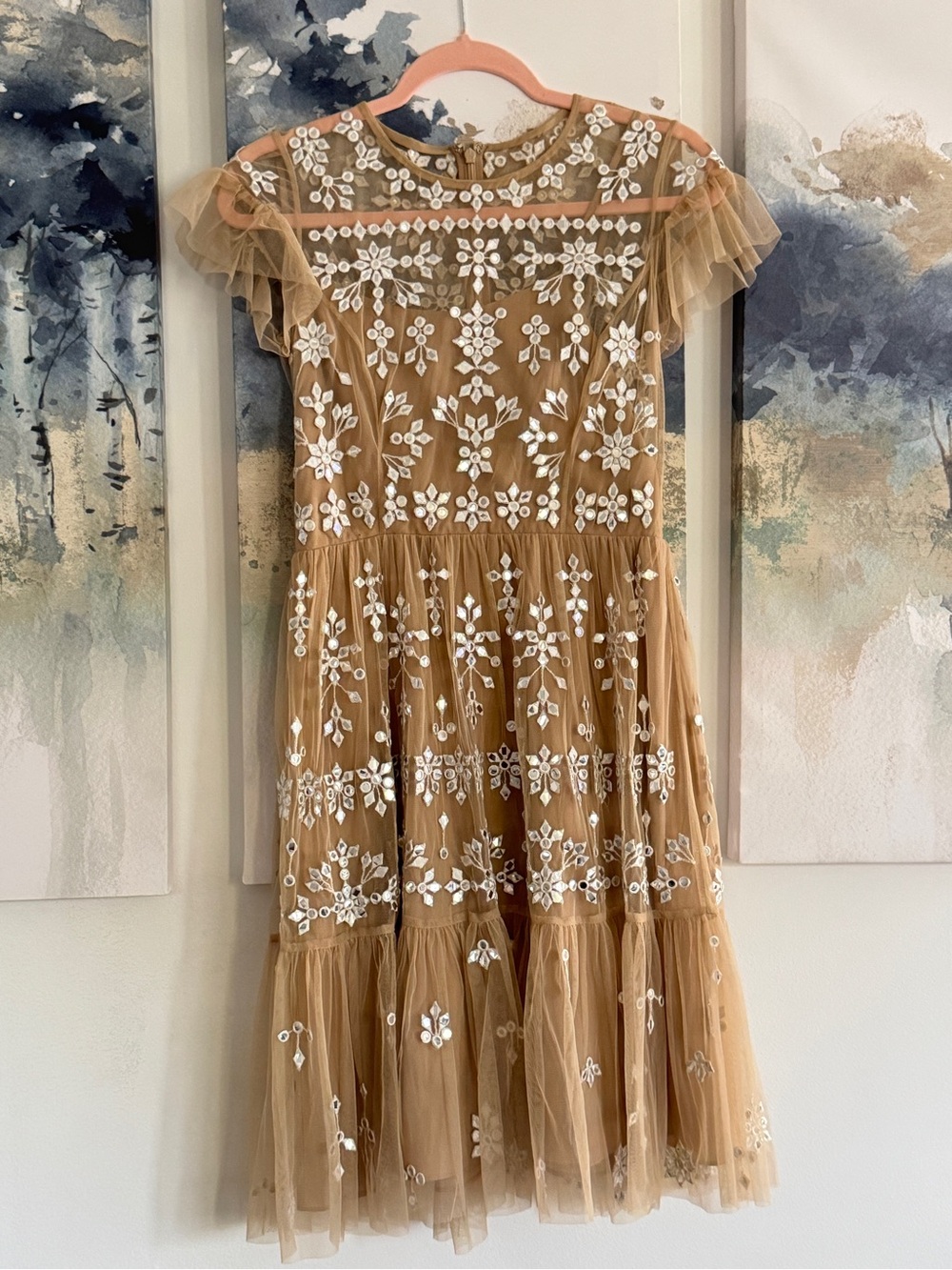 BHLDN Embroidered Tan Tulle Midi Dress with White Floral Appliqué